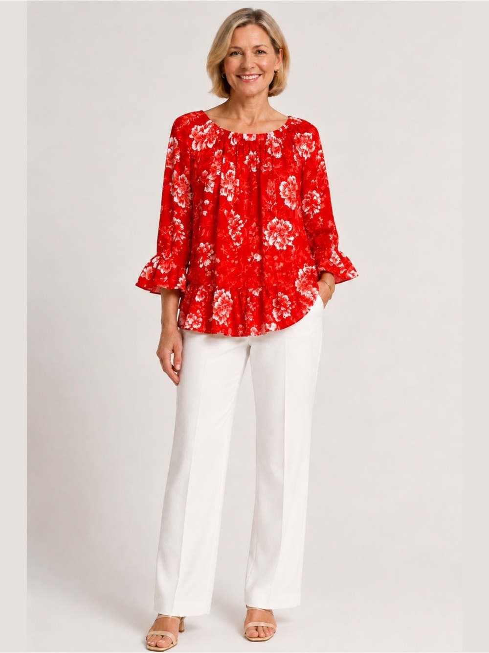 INC INTERNATIONAL CONCEPTS Red Floral Print Chiffon Blouse Ruffle Hem & Cuffs 1X